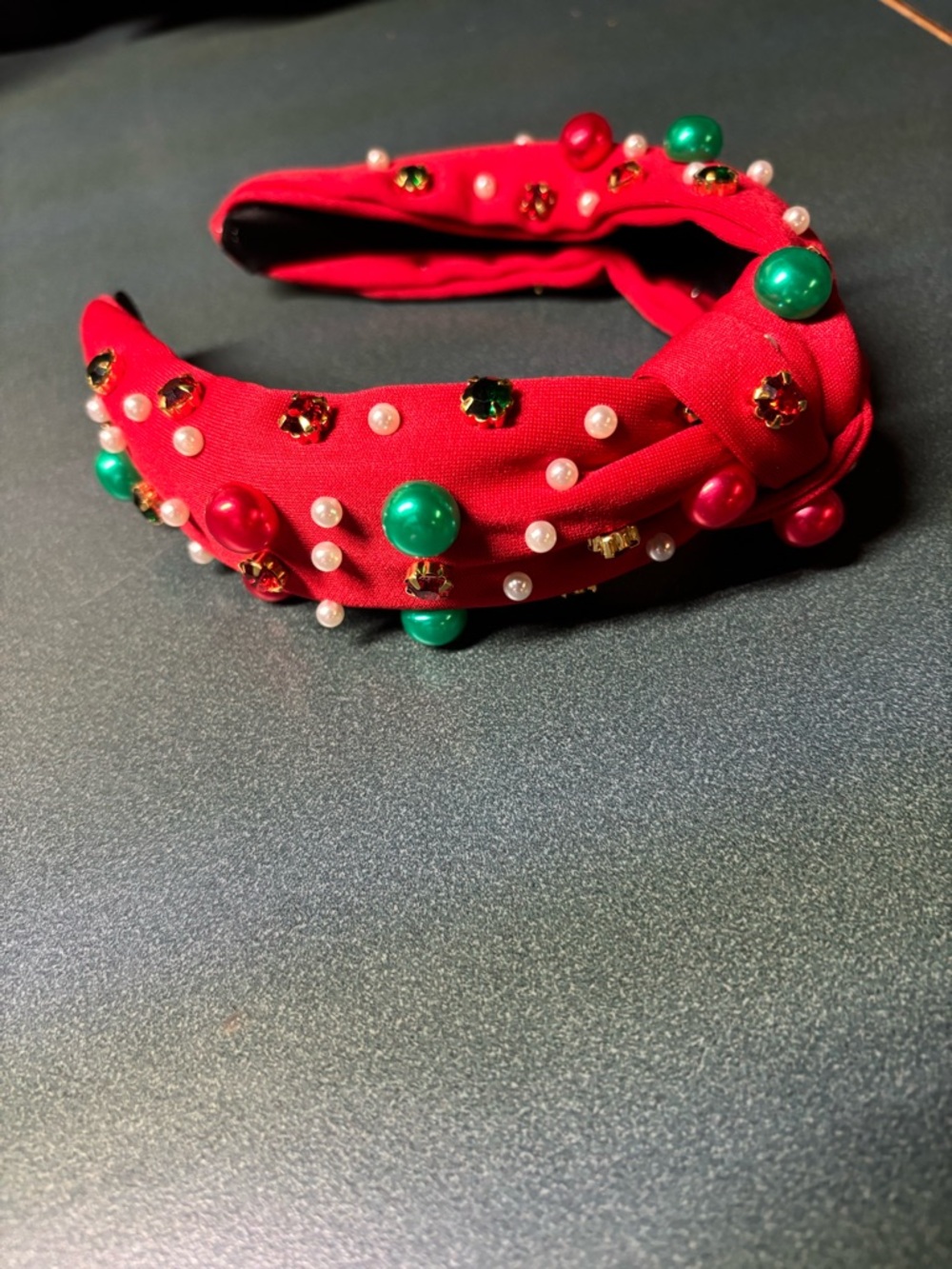 Red Embellished Knotted Headband with Green and Pearl Accents